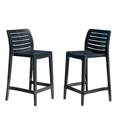 Two black bar stools with slatted backs on a white background