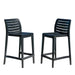 Two black bar stools with slatted backs on a white background