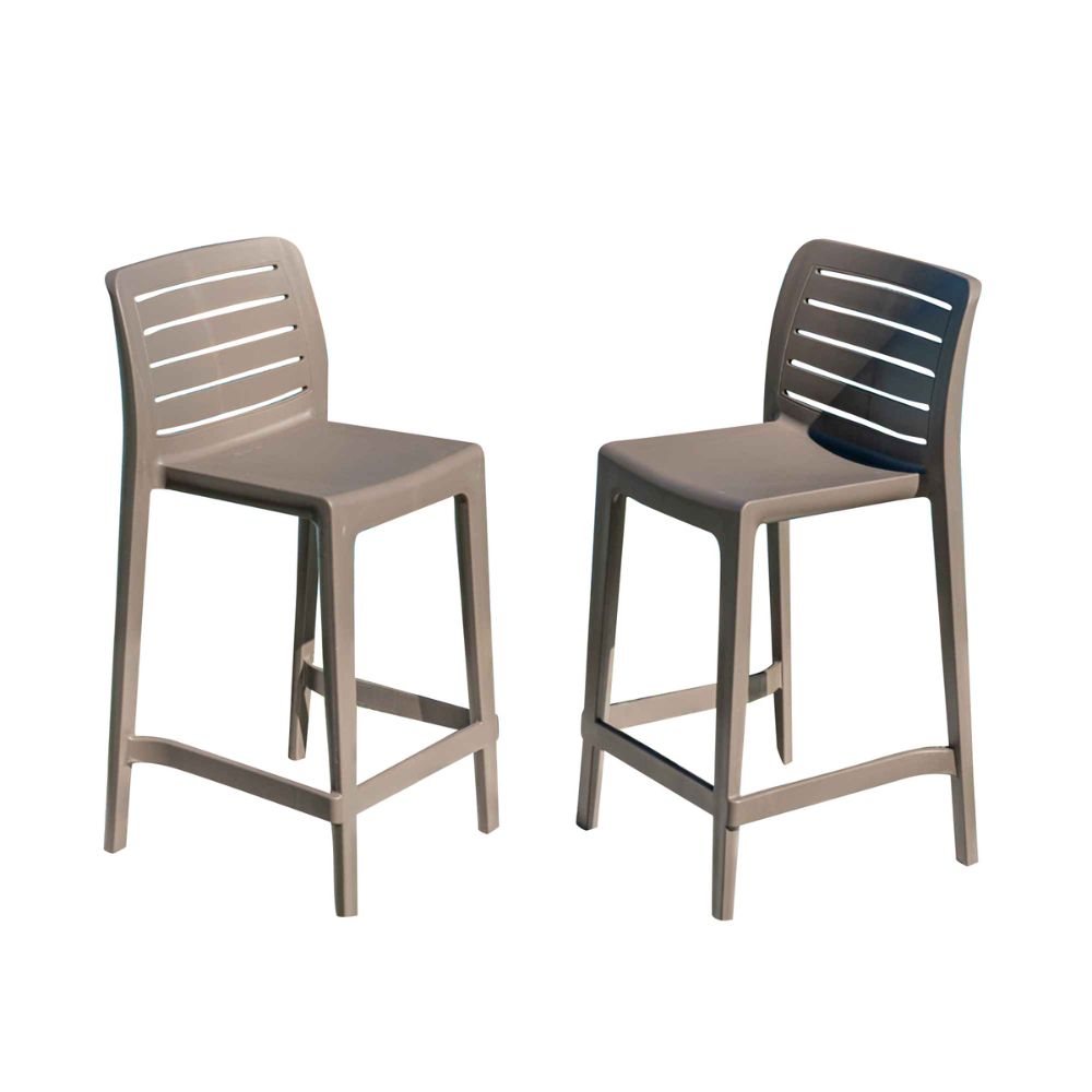 Two beige bar stools with slatted backrests on a white background
