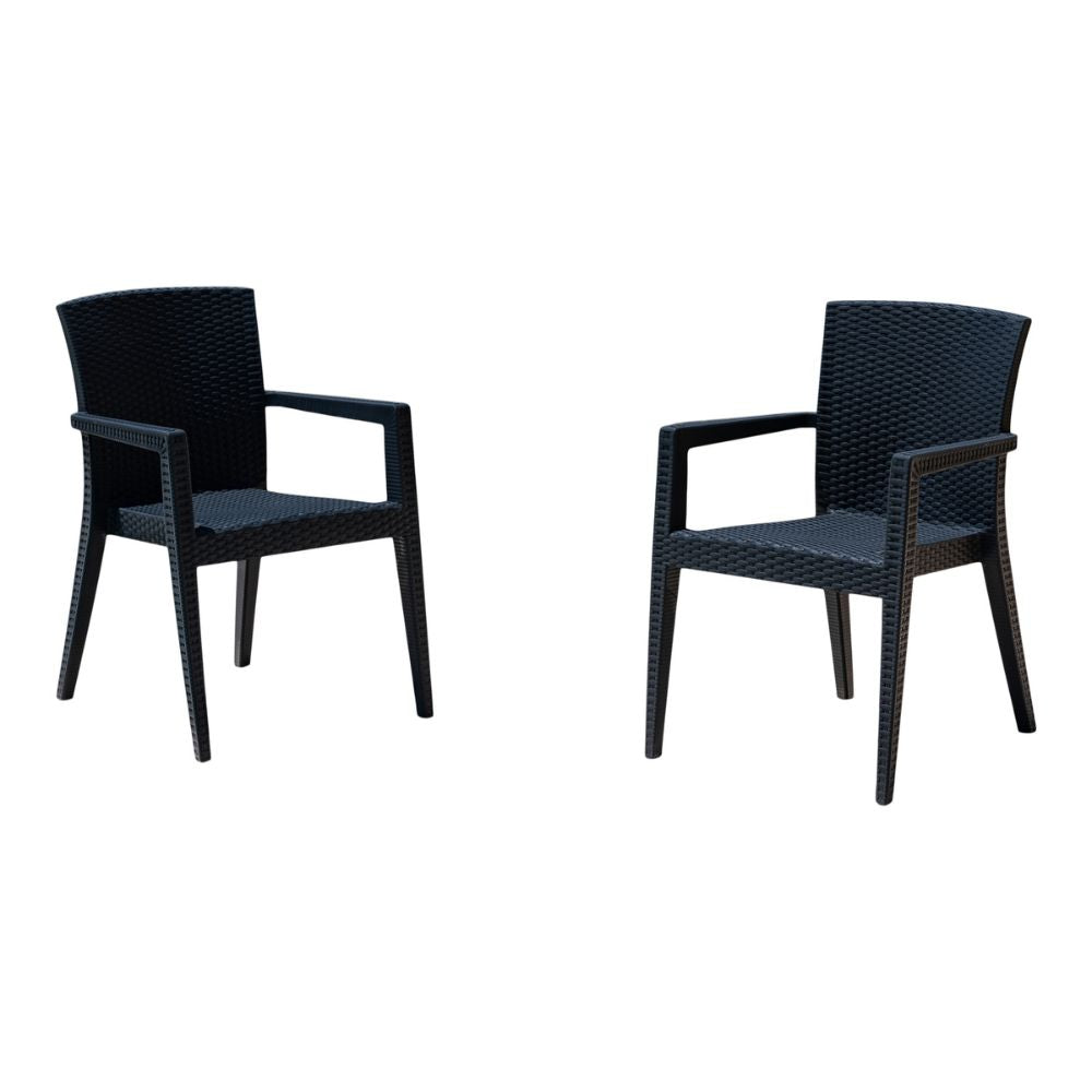 Two black wicker chairs on a white background