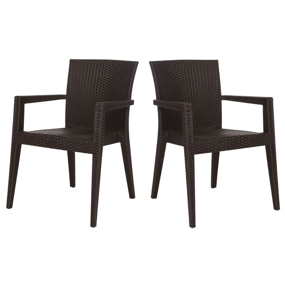 Two dark brown wicker chairs on a white background