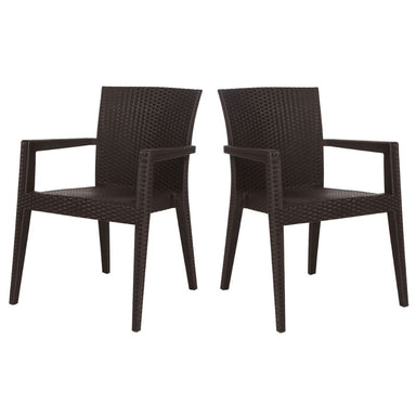 Two dark brown wicker chairs on a white background