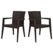 Two dark brown wicker chairs on a white background