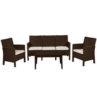 Brown wicker outdoor furniture set with white cushions on a white background