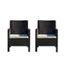 Two black wicker chairs with blue cushions on a white background