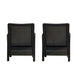 Two black wicker chairs on a white background