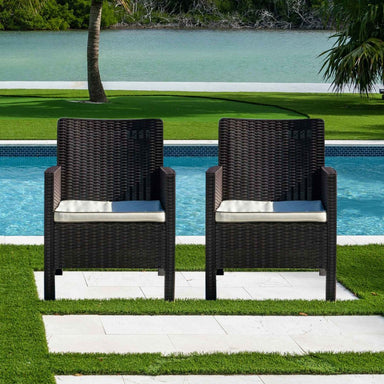 Two black wicker chairs with white cushions by a poolside.