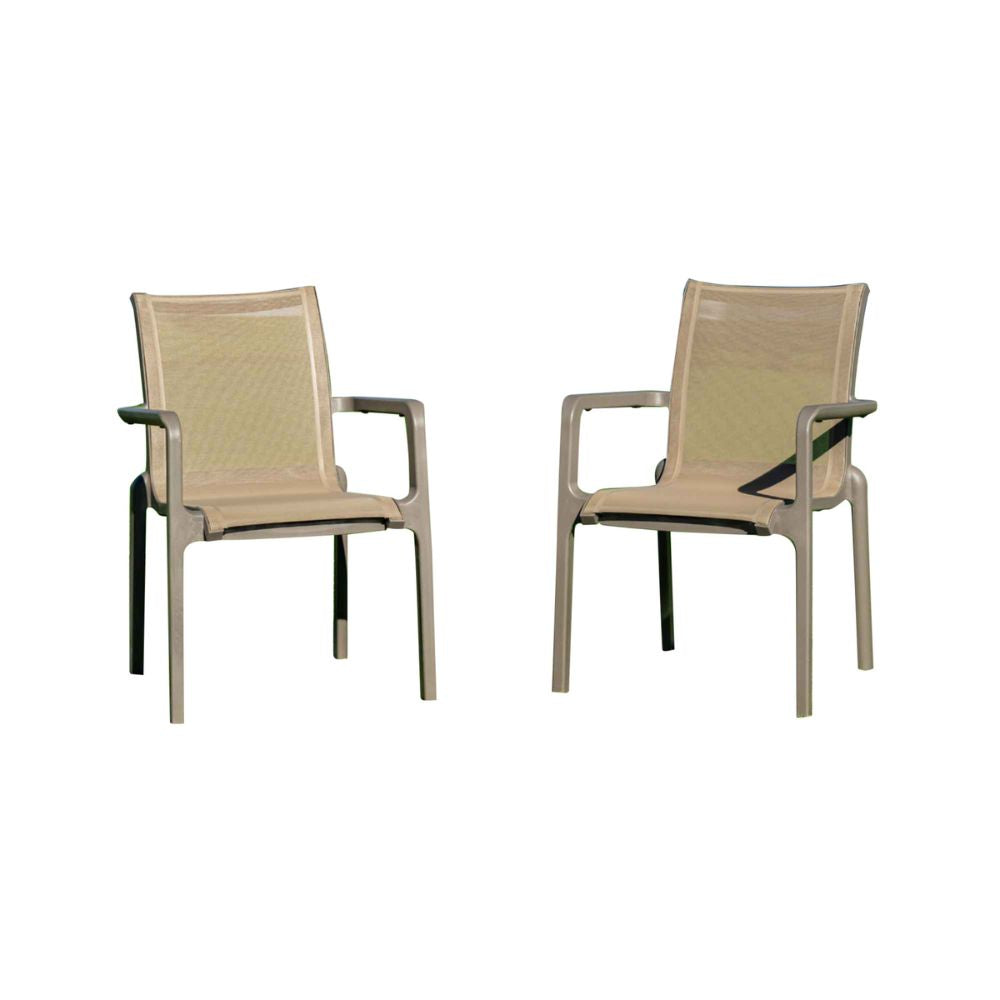 Two beige outdoor chairs on a white background