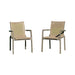 Two beige outdoor chairs on a white background