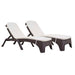 Two wicker lounge chairs with white cushions on a white background