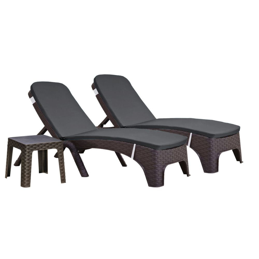 Two dark brown wicker lounge chairs with gray cushions on a white background