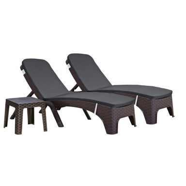 Two dark brown wicker lounge chairs with gray cushions on a white background