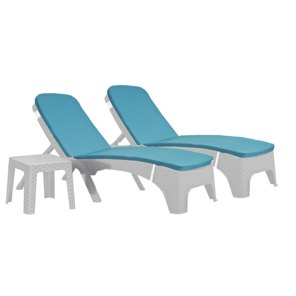 Two blue cushioned lounge chairs with white frames on a white background