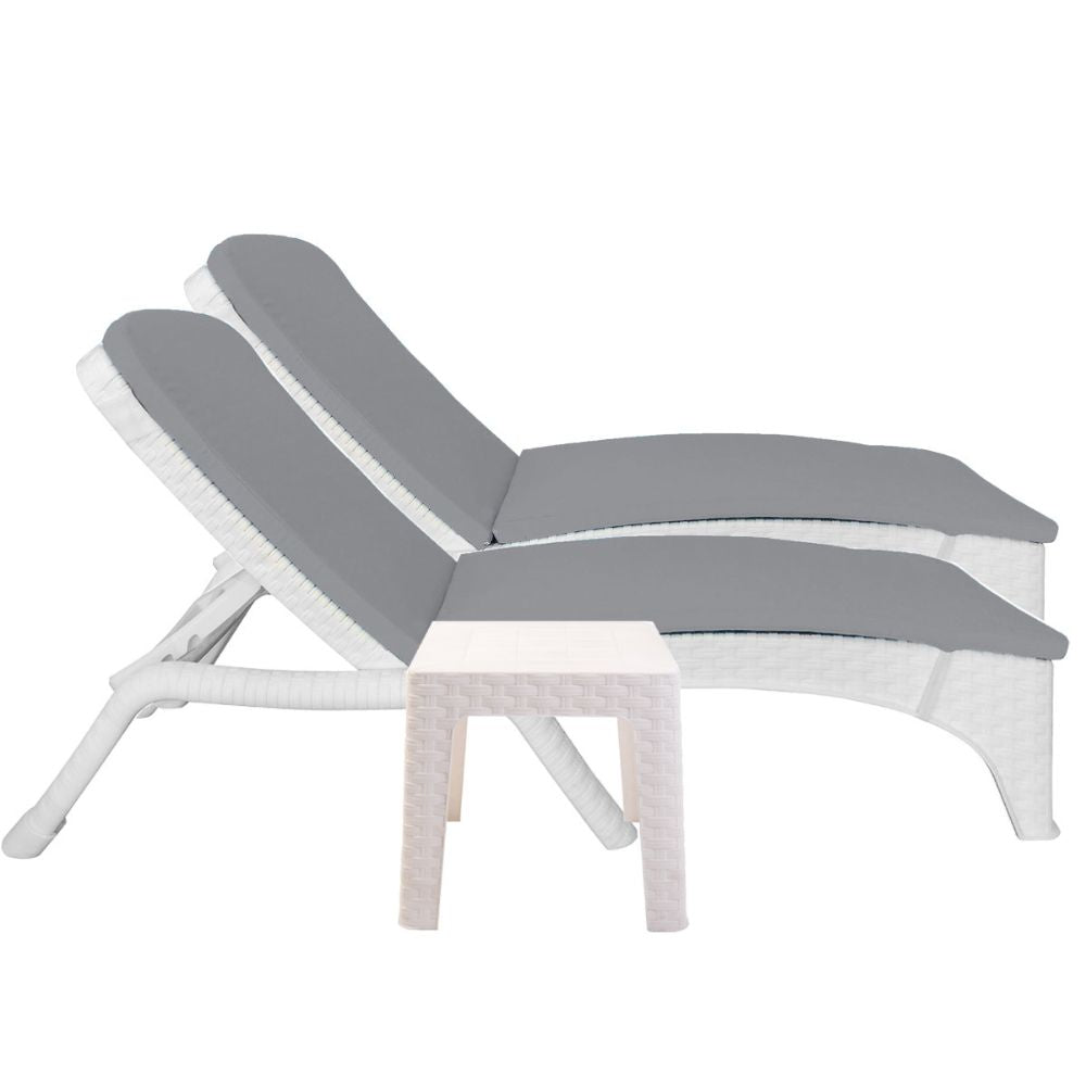 Two gray lounge chairs with white frames on a white background
