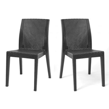 Two black wicker chairs on a white background